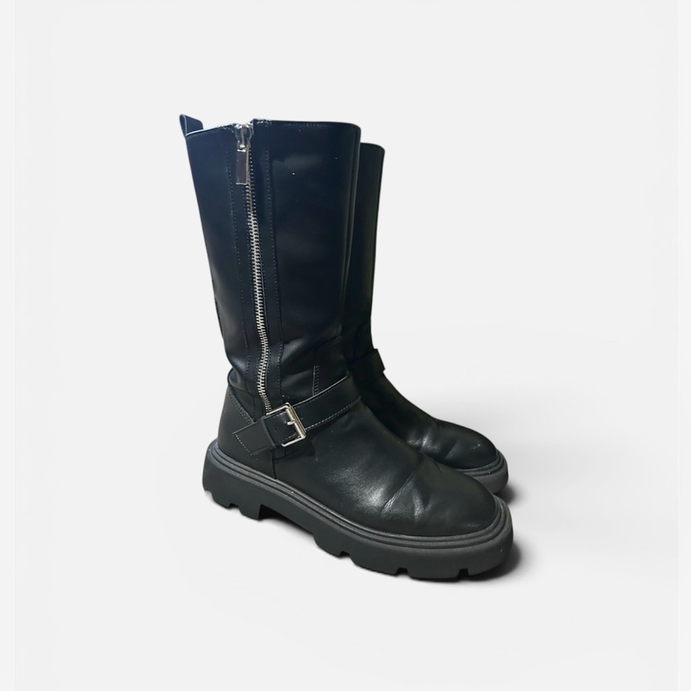 ZARA Black Chunky Combat Side Zip & Buckle Boots | EU 36 (9 inches) | Knee-High